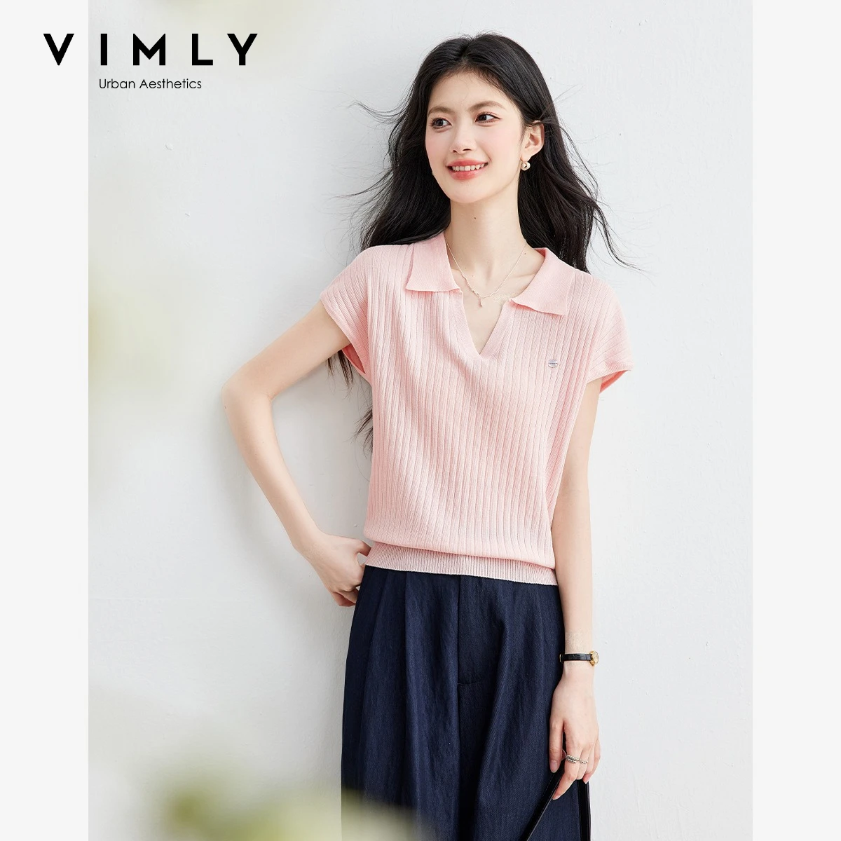 VIMLY Women's Gentle Commuter Knitted T-shirt 2026 Summer New Elegant Polo Collar Thin Pit Strip Pink Short Sleeve Top 75389