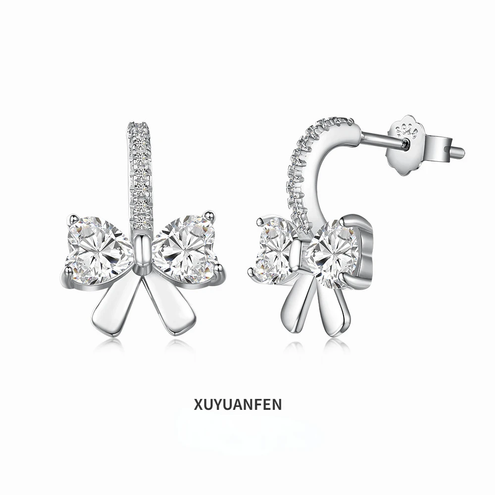 

XUYUANFEN Japanese and Korean Light Luxury New S925 Pure Silver Ear Nail Female Bow Heart Zircon Inlaid Exquisite Design Female