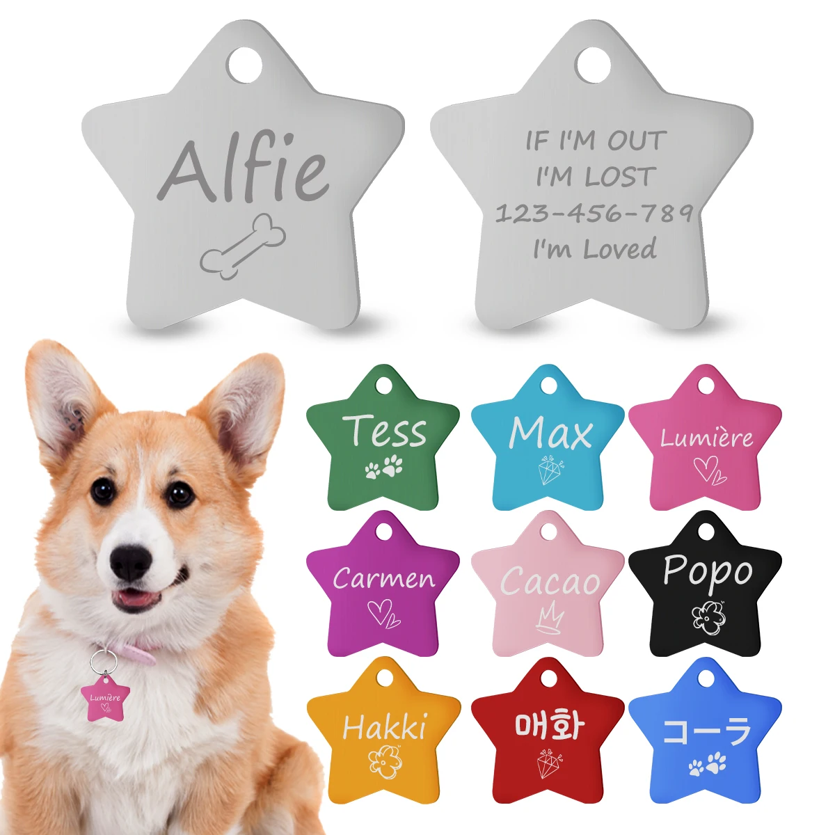 Engraved Dog Id Tag Personalized Pet Collar Pentagram Pendant Name Number Anti-Lost Pet Id Tag Customized Cat Puppy Tags