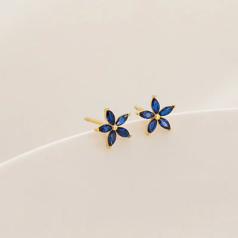 Metiseko Blue Cubic Zirconia Flower Earrings Real 925 Sterling Silver Stud Earrings Antiallergic Cute Exquisite for Women Party