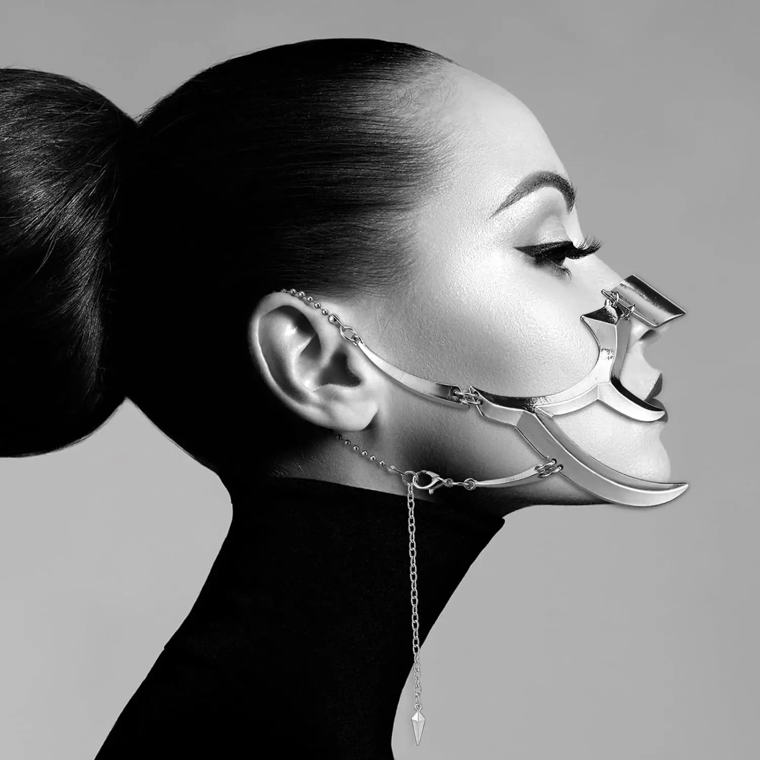 金属コスプレマスクユニセックス不規則なジュエリーフェイスチェーンシルバー鋼サイバーパンク衣装女性男性音楽祭アクセサリー