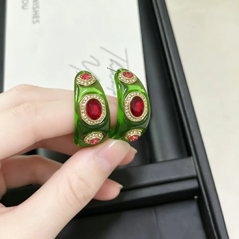 Vintage Transparent Resin C Hoop Earrings for Women Luxury Inlaid Rhinestone Gem Earrings Trendy Bold Statement Jewelry Gifts