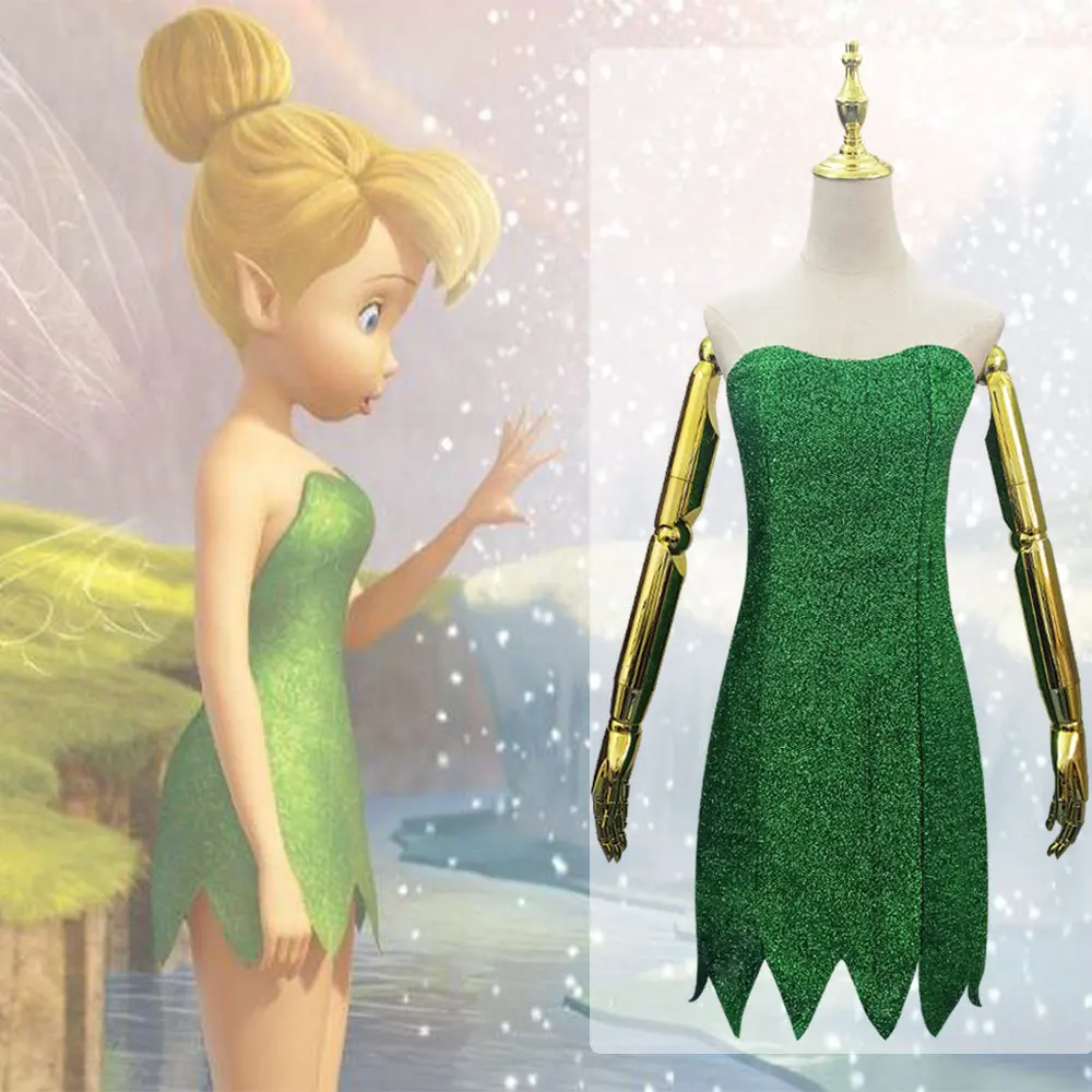 Anime Elf Cosplay Costume Tinker Bell Women Sexy Green Tube Dress Wig Tinker Bell Halloween Carnival Party Role Playing Clothing