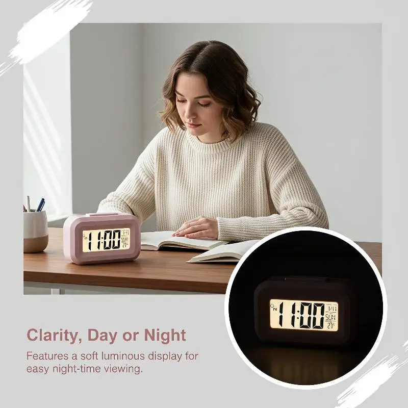 Digital Compact Alarm Clock with Temperature Date Display Multi Colors Portable for Kids Adult Bedroom Office Desktop