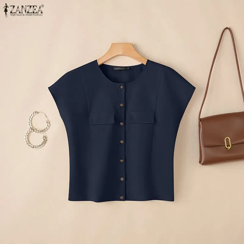 ZANZEA 2026 Summer Short Cap Sleeve Shirts Women Minimalist O-Neck Button Up Solid Color Tops Casual and Day Woman Clothes S-3XL