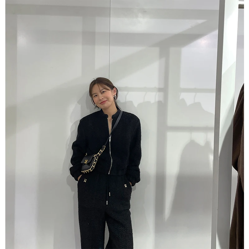 

WXLSTUDIO Роскошный шерстяной твидовый костюм для женщин: укороченный жакет и брюки с высокой талией, модный комплект из двух предметов