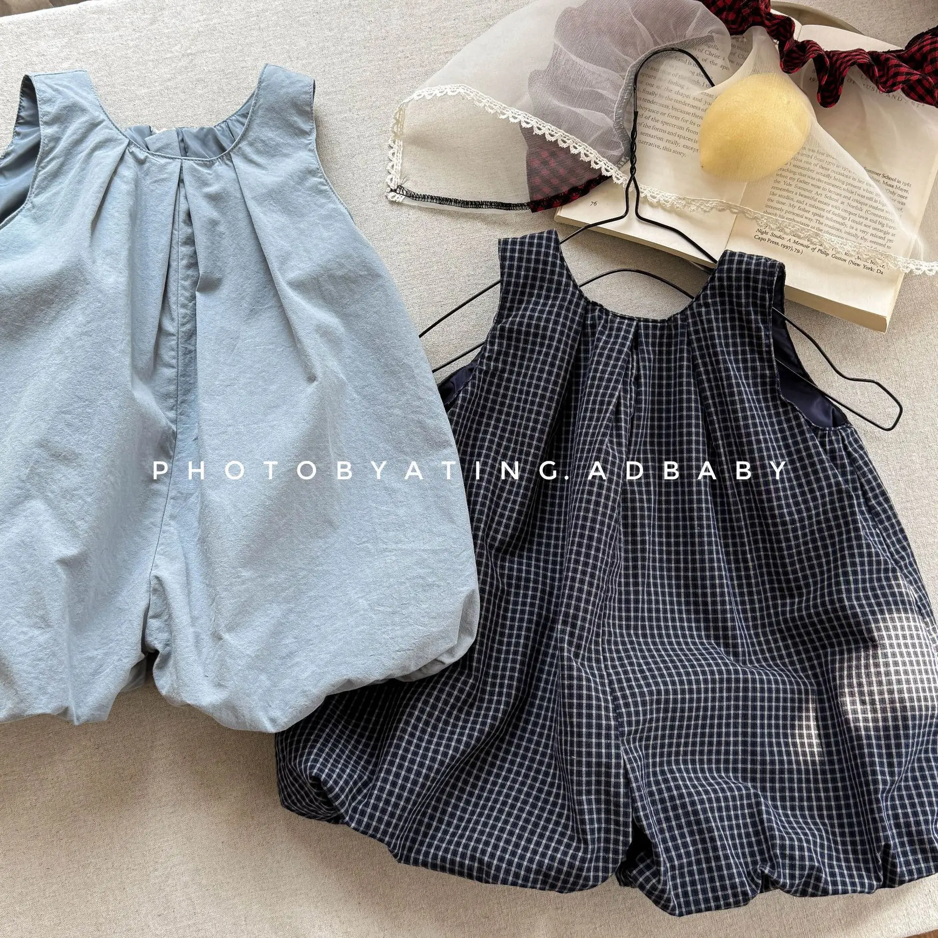 LILIGIRL 2026 New Summer Children Plaid Lantern Jumpsuits Sleeveless Loose Korean Style Baby Girls Casual Bodysuits