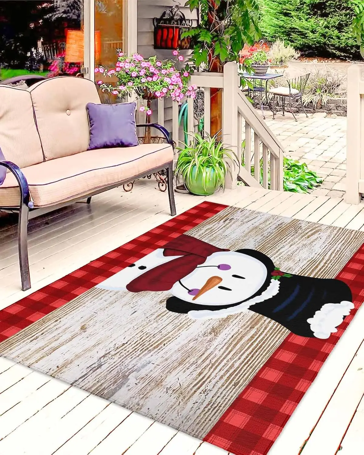 

Christmas Outdoor Rug, Large Floor Mat Cute Snowman On Rustic Wooden Board Non Slip Area Rug Rubber Backing Quick Dry Clearance