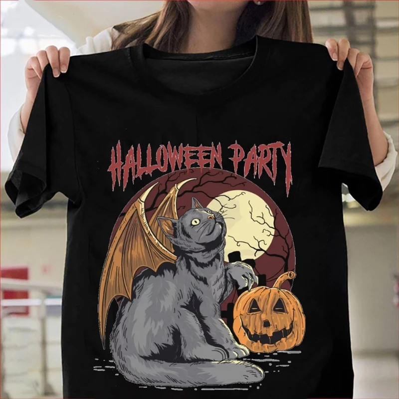 

Fun Cat Print Men's T-shirt Halloween Elements Pumpkin Pattern Short Sleeved Tops Outdoor Street Hip-Hop Party Unisex Clothing