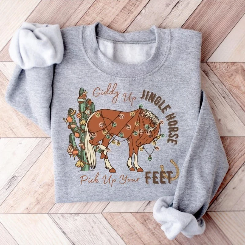 Giddy Up Jingle Horse Noël Western Cowgirl Col rond Vacances de campagne pour fille Cadeau de Noël Sweat-shirt cheval du zodiaque chinois