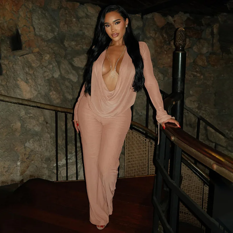Women Sexy See Through Mesh 2 Piece Set Swinging Collar Long Sleeve Asymmetrical Blouses Tops + Flare Pants Party Clubwear Suits