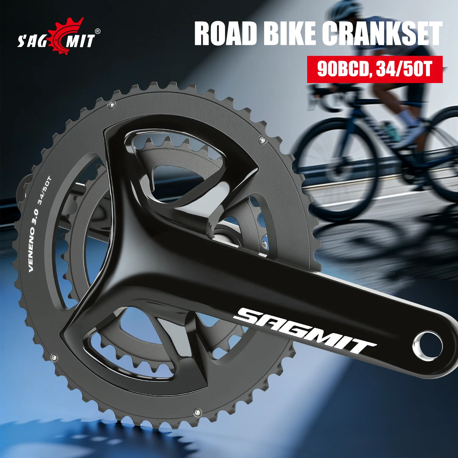 SAGMIT Road Bike 2x Crankset 50/34T 2x11/12 Speed 170mm Aluminum Hollow Integrated Double Chainring Road Bicycle Accessories
