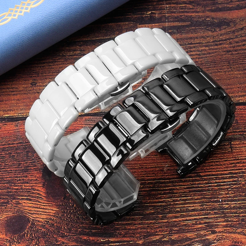 سوار ساعة سيراميك لمايكل كورز جي سي باشا ، سوار مشبك مشبك فراشة ، أسود وأبيض ، 20 × 12 ، 18 × 11 ، 16x10mm