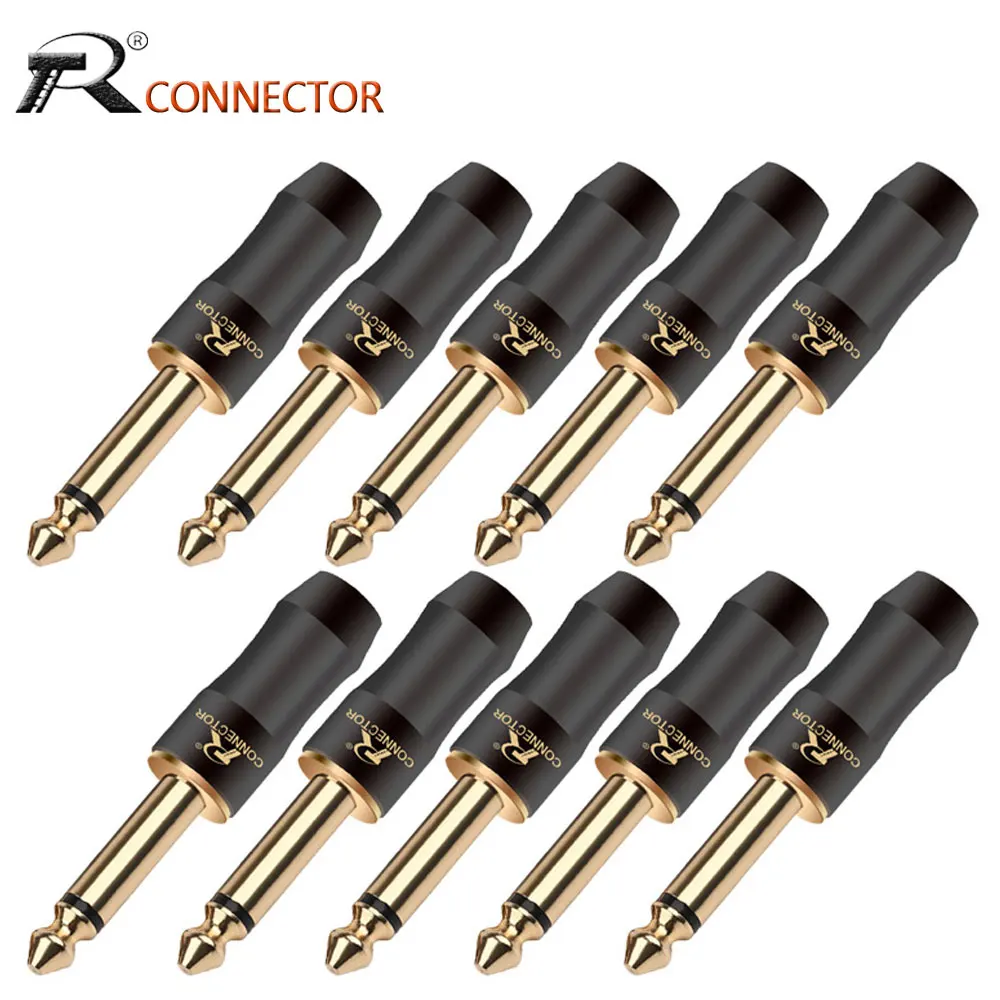 

10pcs 24K Gold-plated 1/4'' MONO 6.35mm Jack Assembly Microphone Connector R Brand New Design Copper Wire Connector Black Color