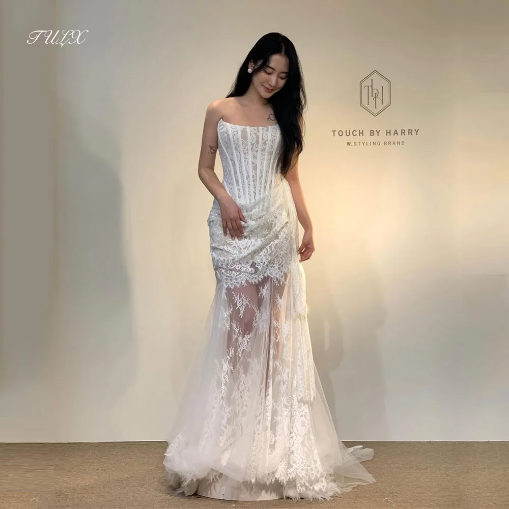 ชุดแต่งงานทรงเมอร์เมดลูกไม้สีงาช้างสุดหรู TULX สำหรับถ่ายภาพสไตล์เกาหลี ชุดเจ้าสาวแบบเซ็กซี่ไร้สายรัดคอ คอร์เซ็ทสั่งตัดได้