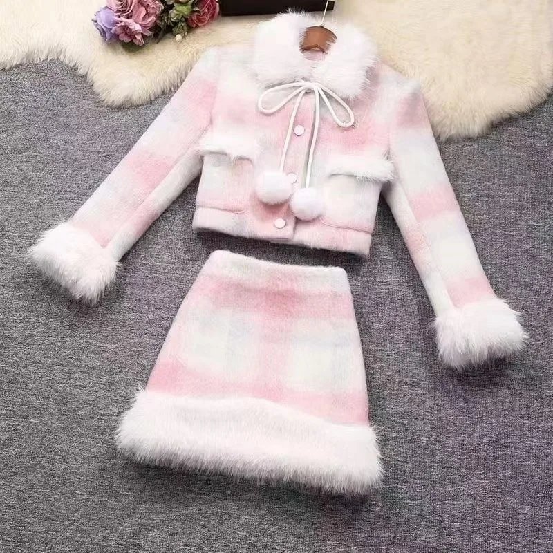 Autumn/Winter Korean Short Coat Women's Grid Pattern Splicing Hairy Top Half Body Short Skirt Two Piece Set