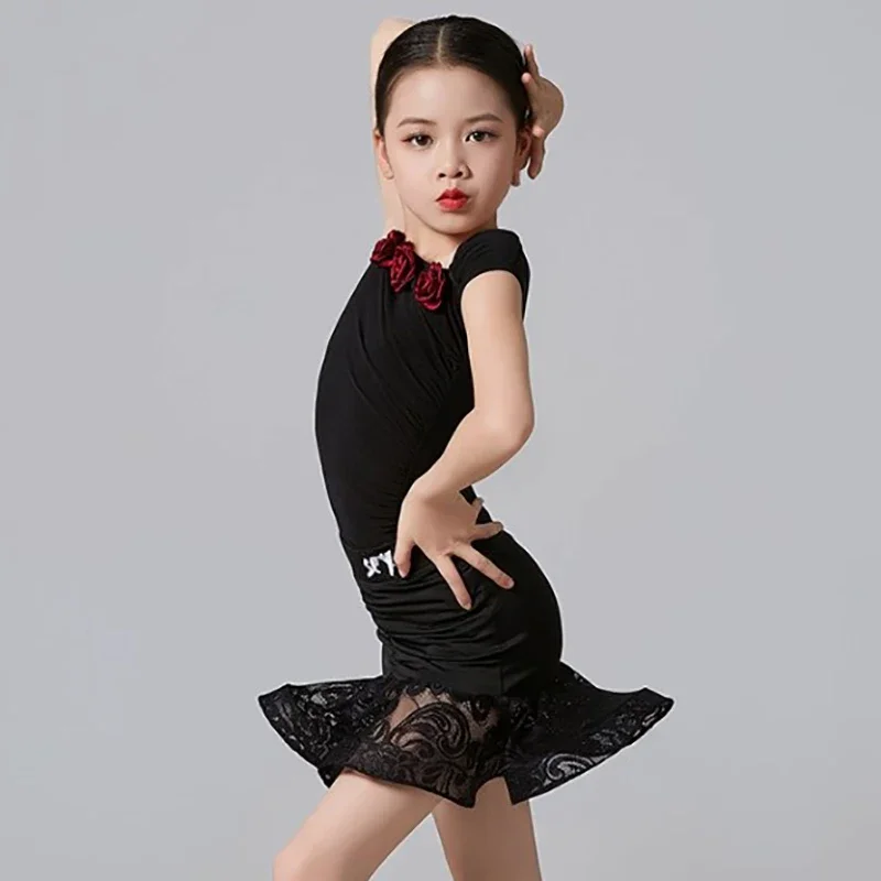 

Kids Girls Latin Dance Flower Sleeveless Bodysuit Jacquard Fishbone Skirt Rumba Dancewear Training Ballroom Competition Costumes
