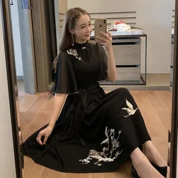 Black Short Sleeve Chinese Style Dress Plus Size Women's 2023 Summer Elegant Embroidery Qipao Vestido Chiffon Dress Cheongsam