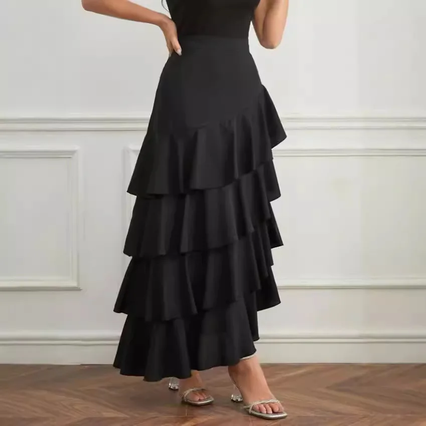 

Women's High Waist Layered Ruffle Maxi Cake Skirt Elegant Party Wedding Guest Y2K Solid Vintage Black Solid A Line Skirts