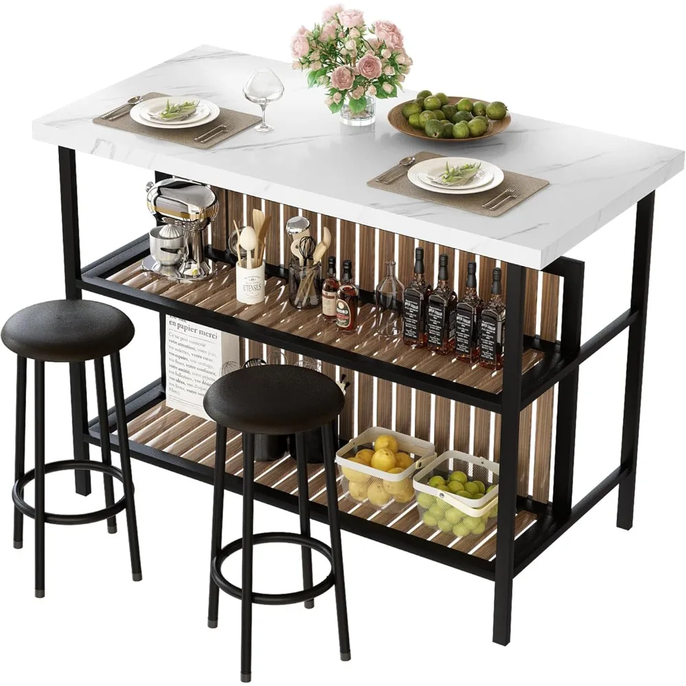 

Kitchen Island with Seating & Storage Shelf, Modern Bar Table and Chairs Set for 2, Wooden Island Table for Kitchen, Dining Tab