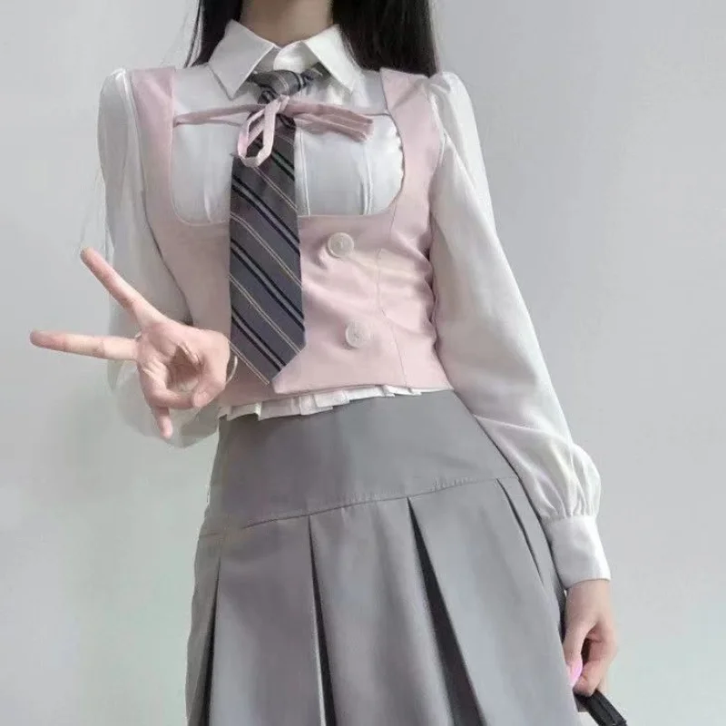 2023 Autumn 4 Piece Set Skirt Woman Japanese Sweet Suit Uniform Short Cardigan + Casual Shirt + Slim Vest + Fashion Mini Skirt