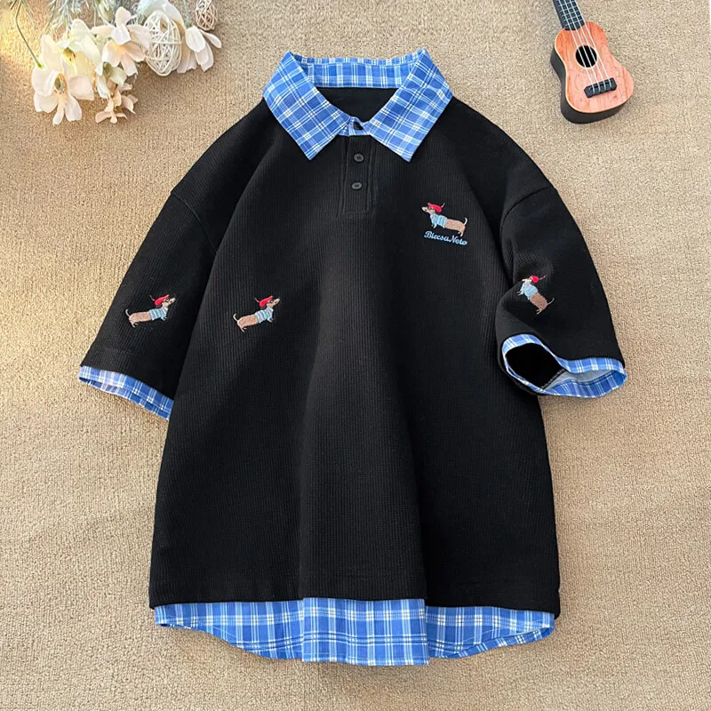 Korean Dog Embroidery Plaid Polo Short Sleeve T-Shirt 2025 Summer Retro Couple T-shirts Splicing Fake Two Pieces Simple Tops image 3