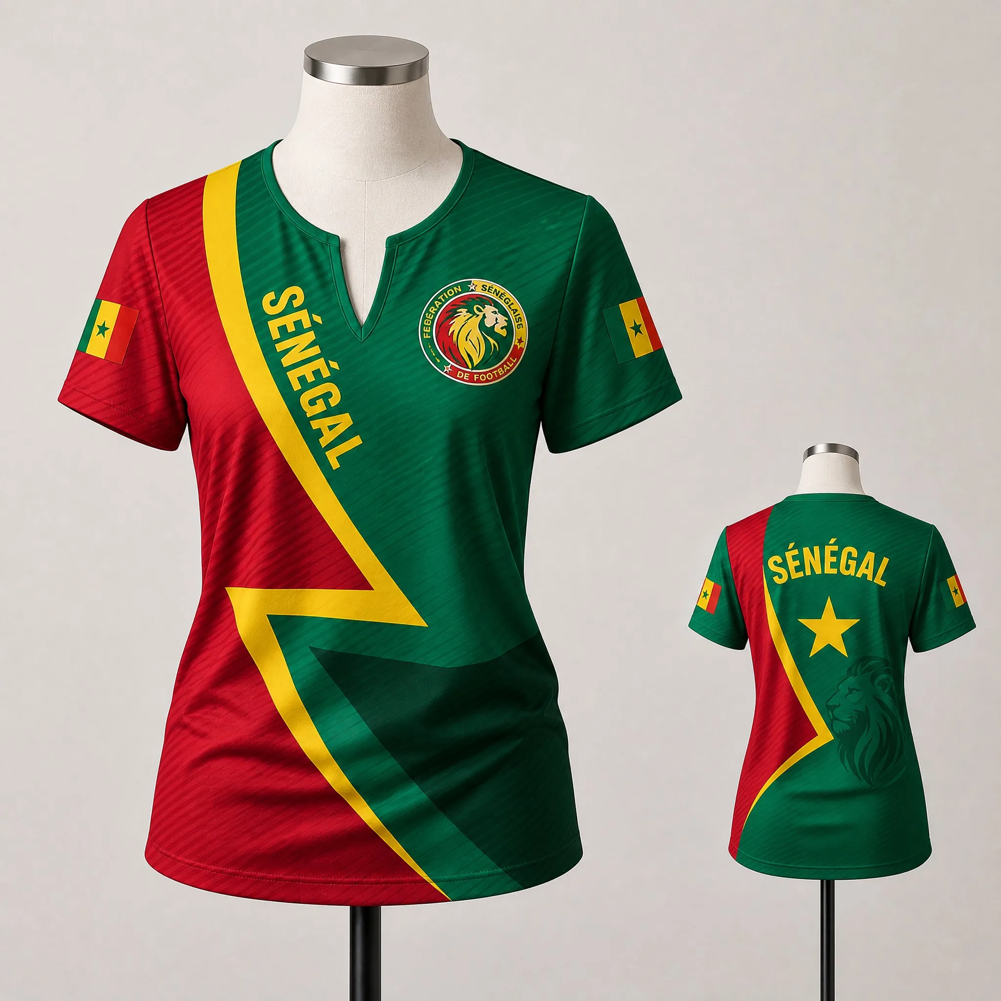 Womens Senegal Small V Neck T Shirt Red Green Lion Crest Star Print Casual Summer Short Sleeve Top Heritage Bold Daily Wear Look