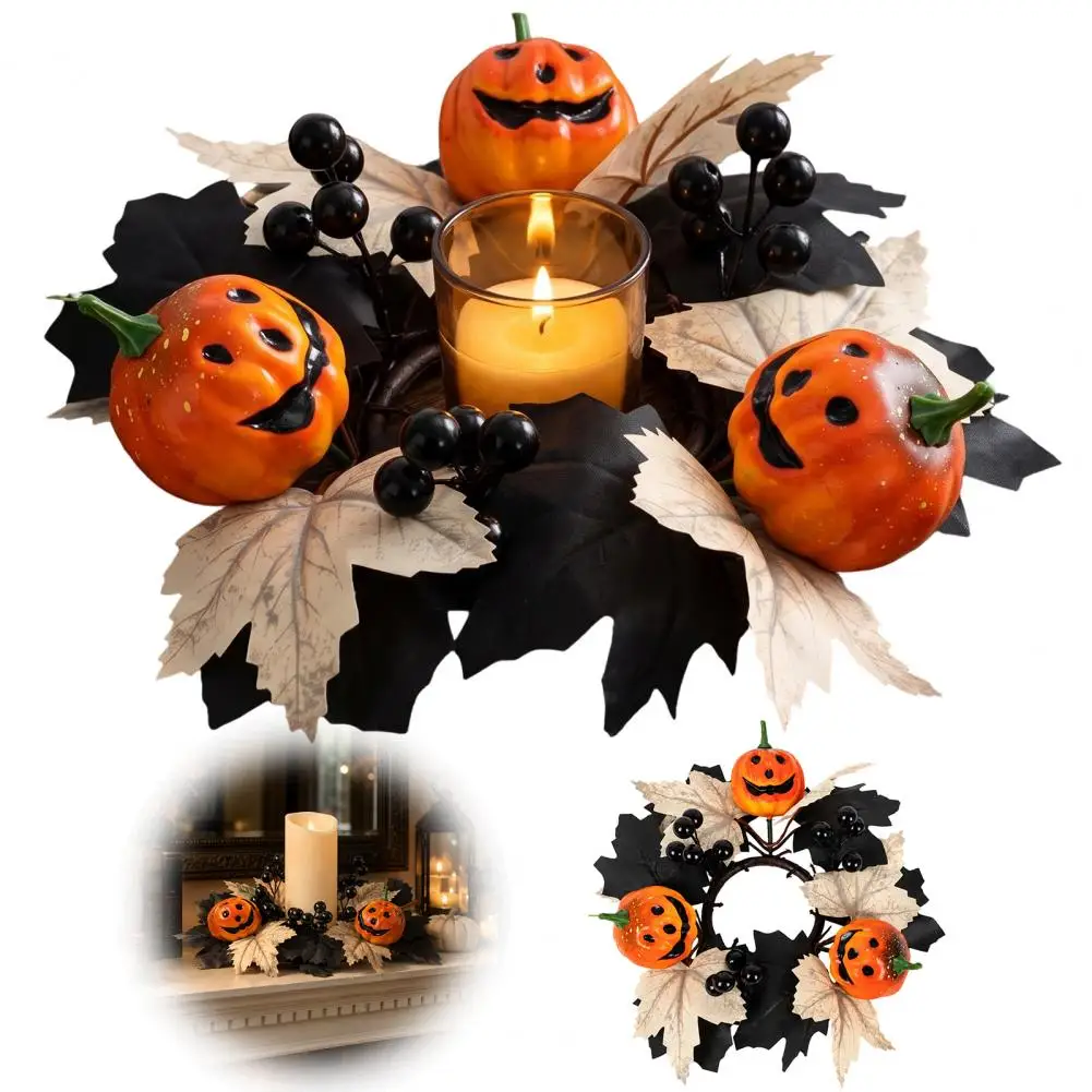 Artificial Maple Leaf Wreath Pumpkin Candle Ring with Black Maple Leaves Berries 26cm Artificial Halloween Wreath for Door Wall