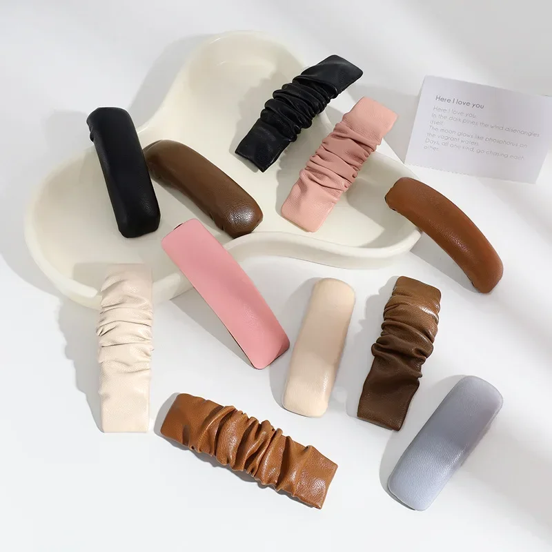 Women Girls Korean Style Leather Fold Solid Color Hair Clips Simple Elegant Hair Clips for Girls Headwear Women Hair Accessories