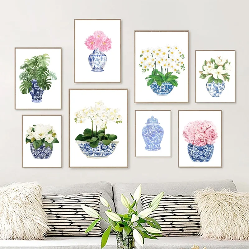 Blue and White China Magnolia Hydrangea Prints Chinoiserie Art Canvas Painting Gallery Wall Art Picture Poster Trendy Wall Decor