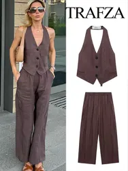 TRAFZA 2024 Summer Women's 2-piece Retro Linen Backless Halterneck Camisole Top + Chic And Elegant Women's Wide-leg Trousers Set