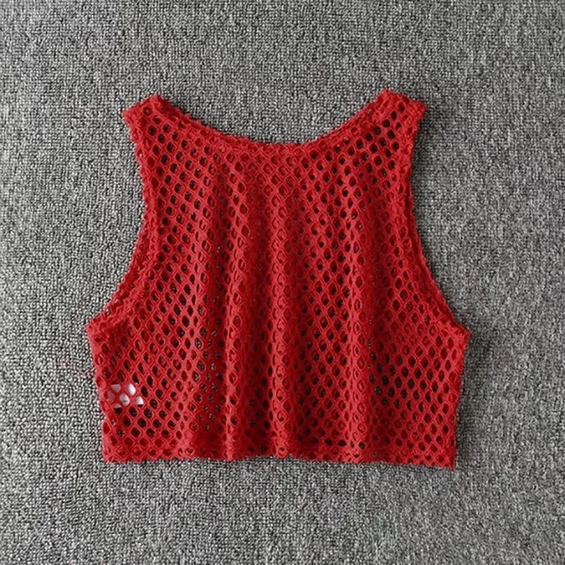 Sexy Black/Red Hollow Out Crop Top 2024 Mesh T-shirt Female Loose Fashion Summer Basic Tops For Women Fishnet Shirt