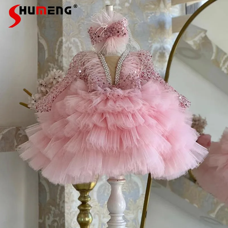 Cake Girl's Japanese Style Dress V Neck Long Sleeves Tutu Dress Children's Piano Performance Catwalk Performance Dress