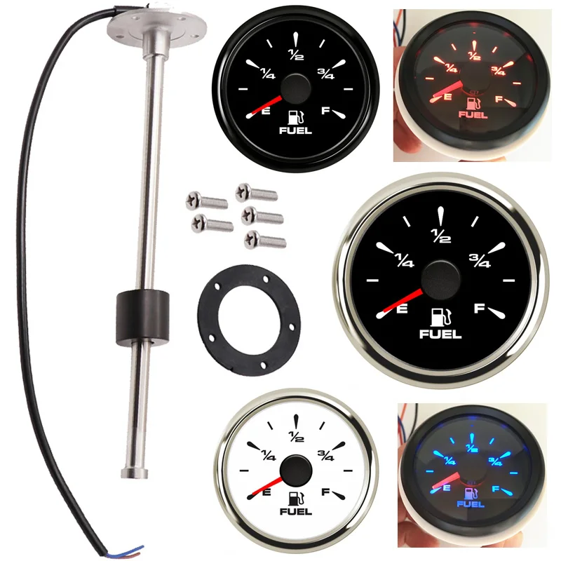 52mm 0-190ohm 240-30ohm Fuel Level Gauges with 100 150 200 250 300 350 450mm Fuel Level Sensors Senders 8 Kinds Backlight Color