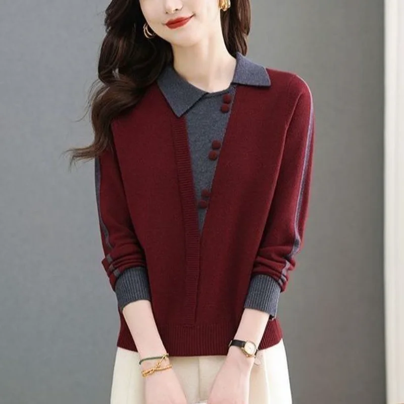 

New Fall and Winter Fake Two-piece Lapel Women's High-end Sweater Knitted Fashionable Base Top