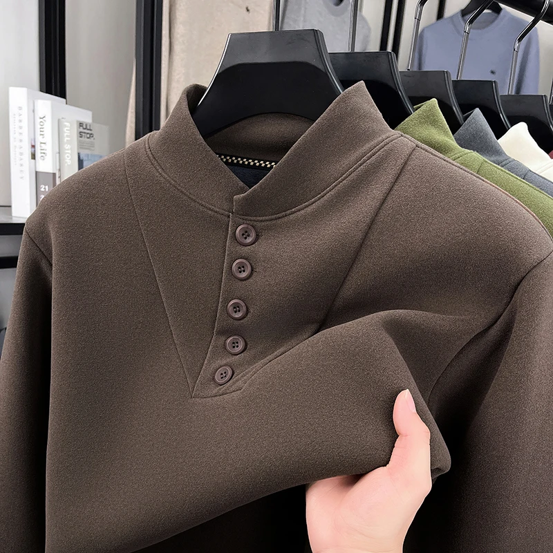 Luxury Man Long Sleeves T-Shirt Double-Sided Velour Baseball Collar Thickened Fleece-Lined Button WinterNew PulloverLeisure Tops