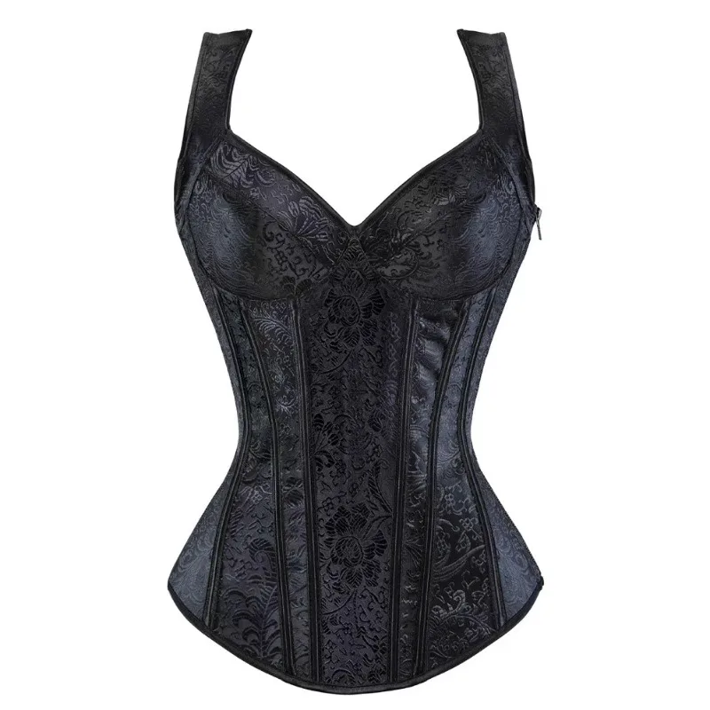 Women Sexy Vintage Corset Bustier Top with Cup Shoulder Straps Body Shaper Zip Lace Up Plus Size Lingerie