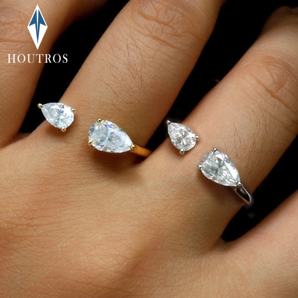 1.5cttw Pear Cut Full Moissanite Open Ring for Women 925 Sterling Silver Two Stone Adjustable Rings Wedding Bands Jewelry Gift