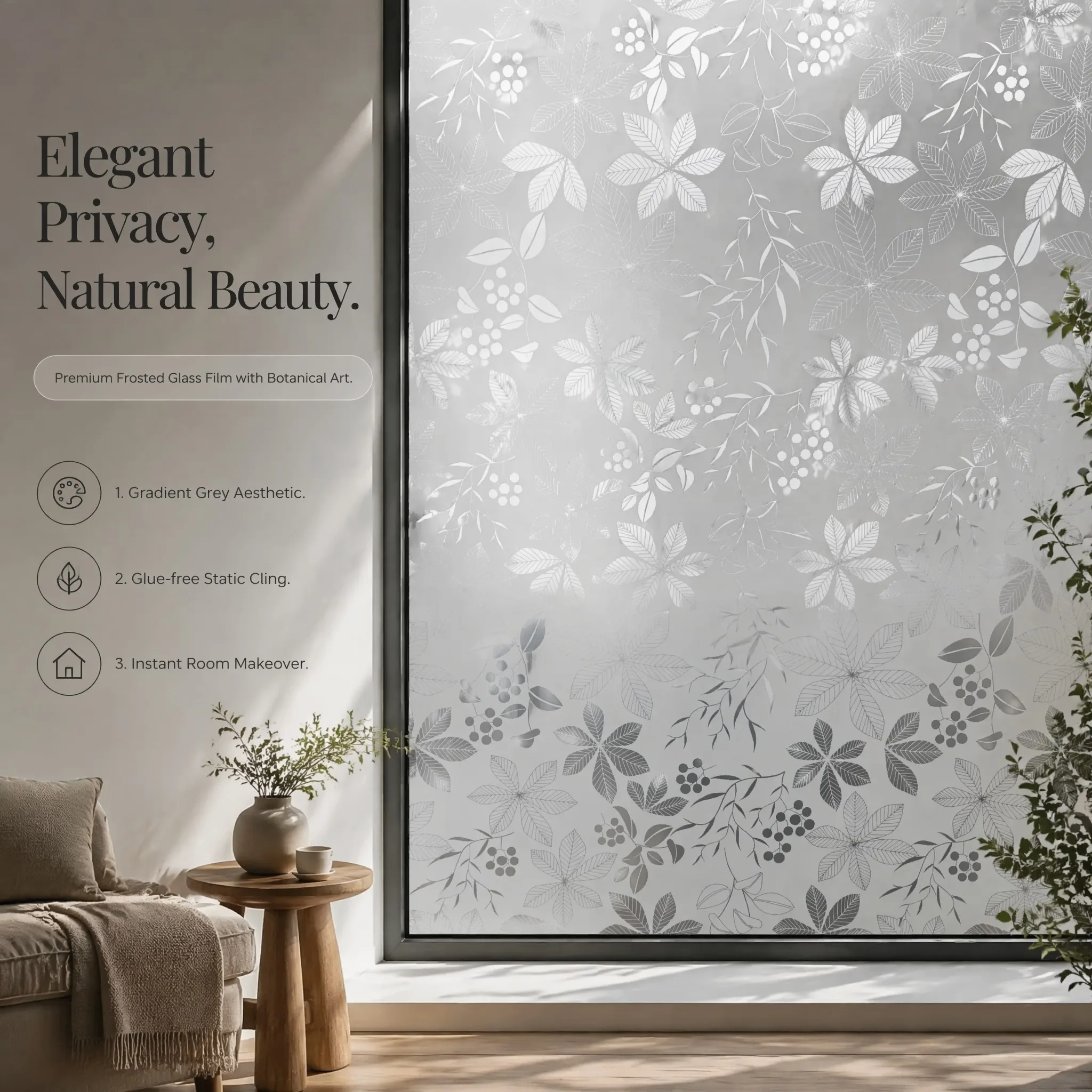 Window Insulation Film - Grey Leaf Frosted Privacy Window Film