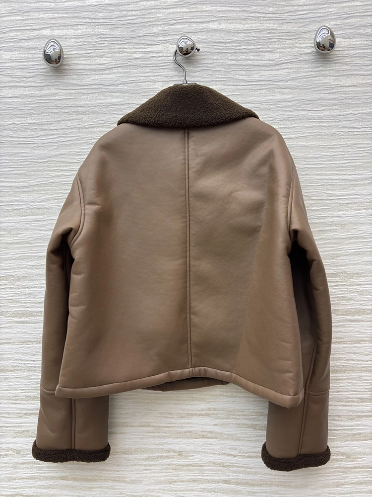 SVORYXIU خريف شتاء نمط جديد عميق القهوة اللحاء مطابقة أفخم طوق امرأة سترة جلدية سوداء الموضة #6