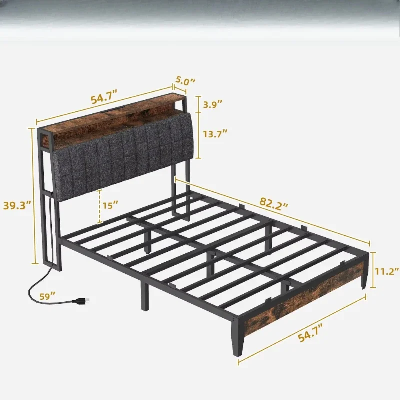

Queen platform bed frame, upholstered storage headboard, metal bed frame with USB port, easy to assemble