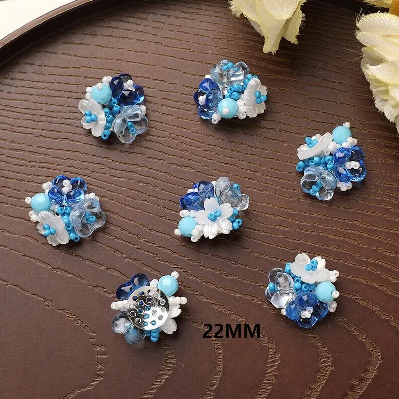 Exquisito flor de cuentas azules para accesorios de decoración DIY, 4 Uds., venta al por mayor, adorno de flora con cuentas de semillas de vidrio, proveedor a granel