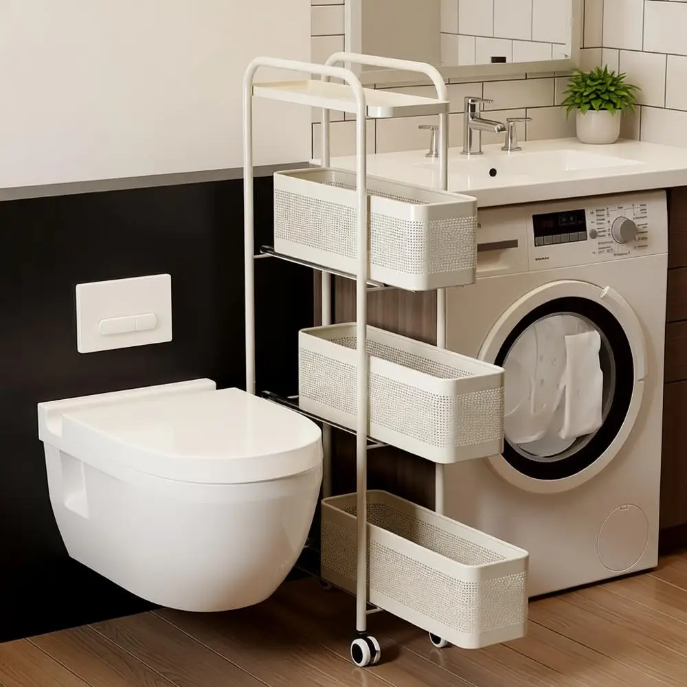 

4-Tier Rolling Storage Cart with Pull-Out Metal Basket - Ideal for Kitchen, Bathroom, and Laundry (White)