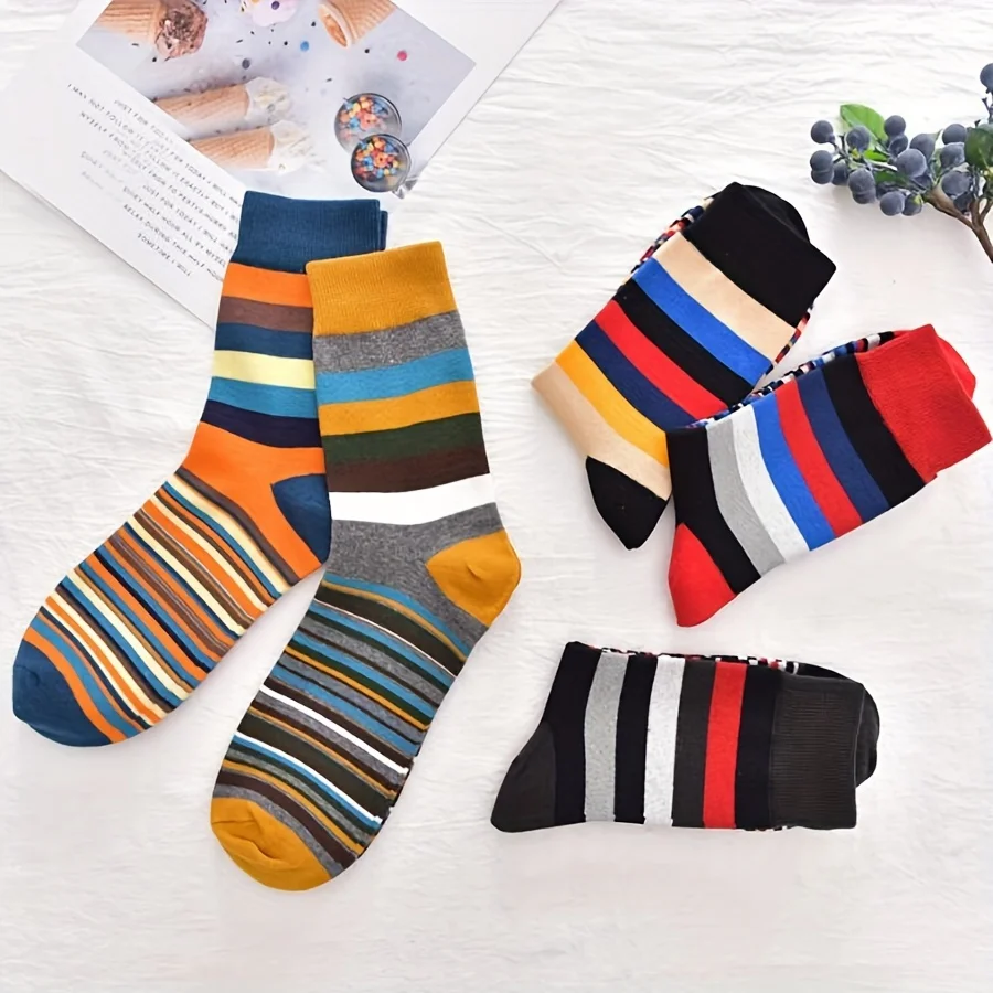 5 Pairs Autumn and Winter New Men\'s Socks Stripe Contrast Color Fashion Retro Trendy Ins Style Sports Leisure Tube Socks