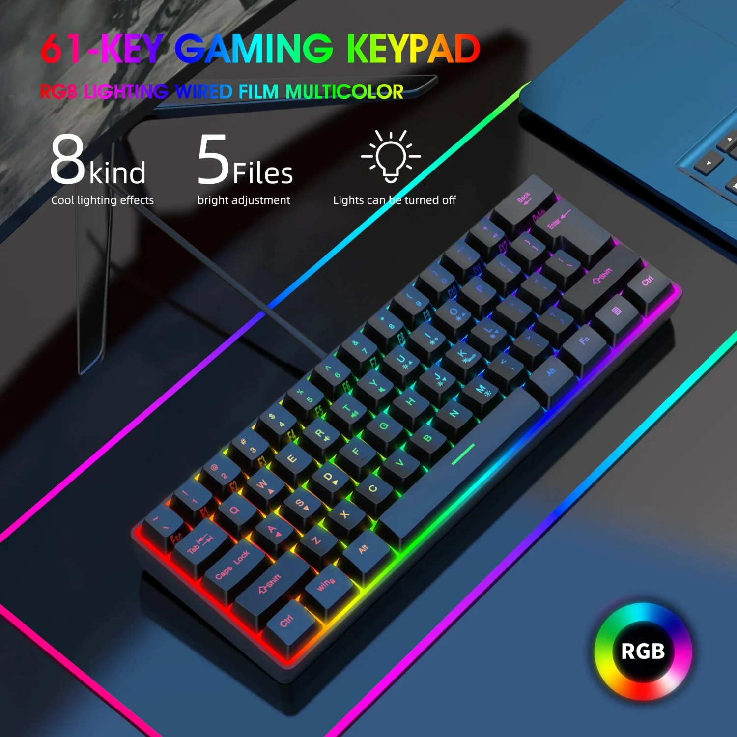 K401 Wired Film Keyboard 61 Keys RGB Lights Type-c USB Backlit Ergonomic Keyboard   Gaming Laptop