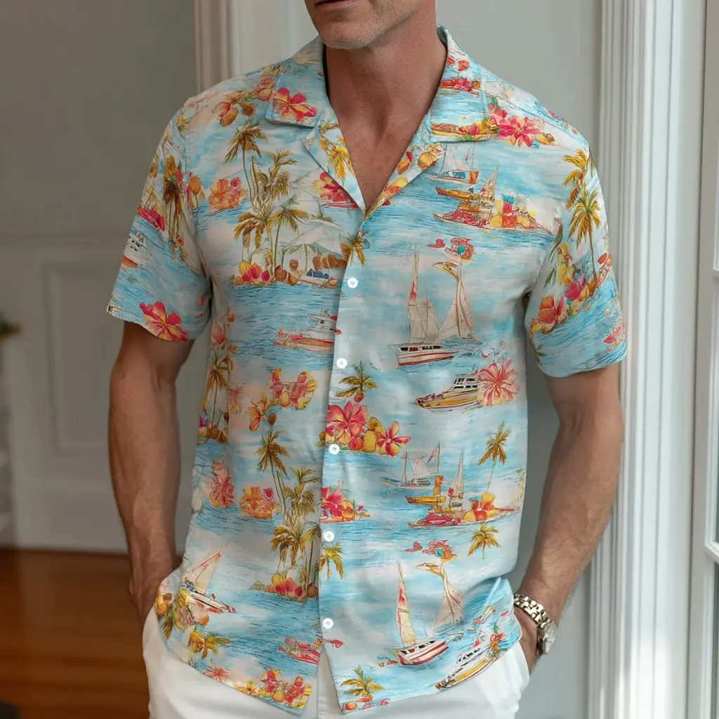 Men's Hawaiian Beach Vacation Shirt Tropical Flowers Coconut 3D Print Short Sleeve Casual Tops Spring & Summer