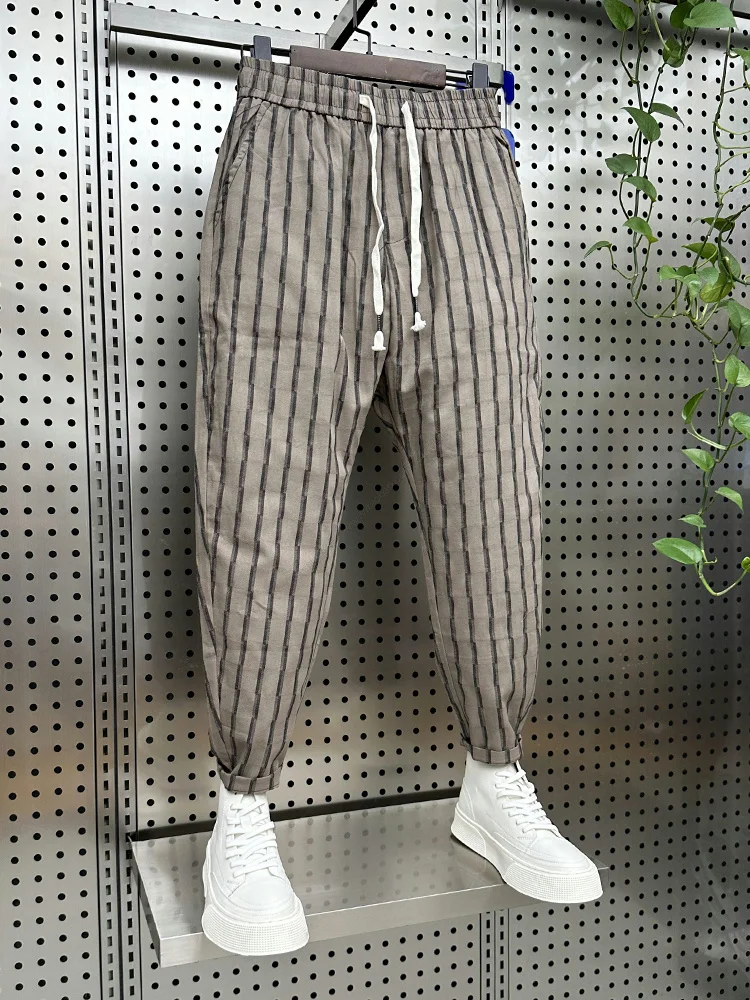 Summer New Fashion Trend Striped Slim Casual Pants Men Cotton Linen Breathable Comfortable Loose Youth Popular Nine-point Pants