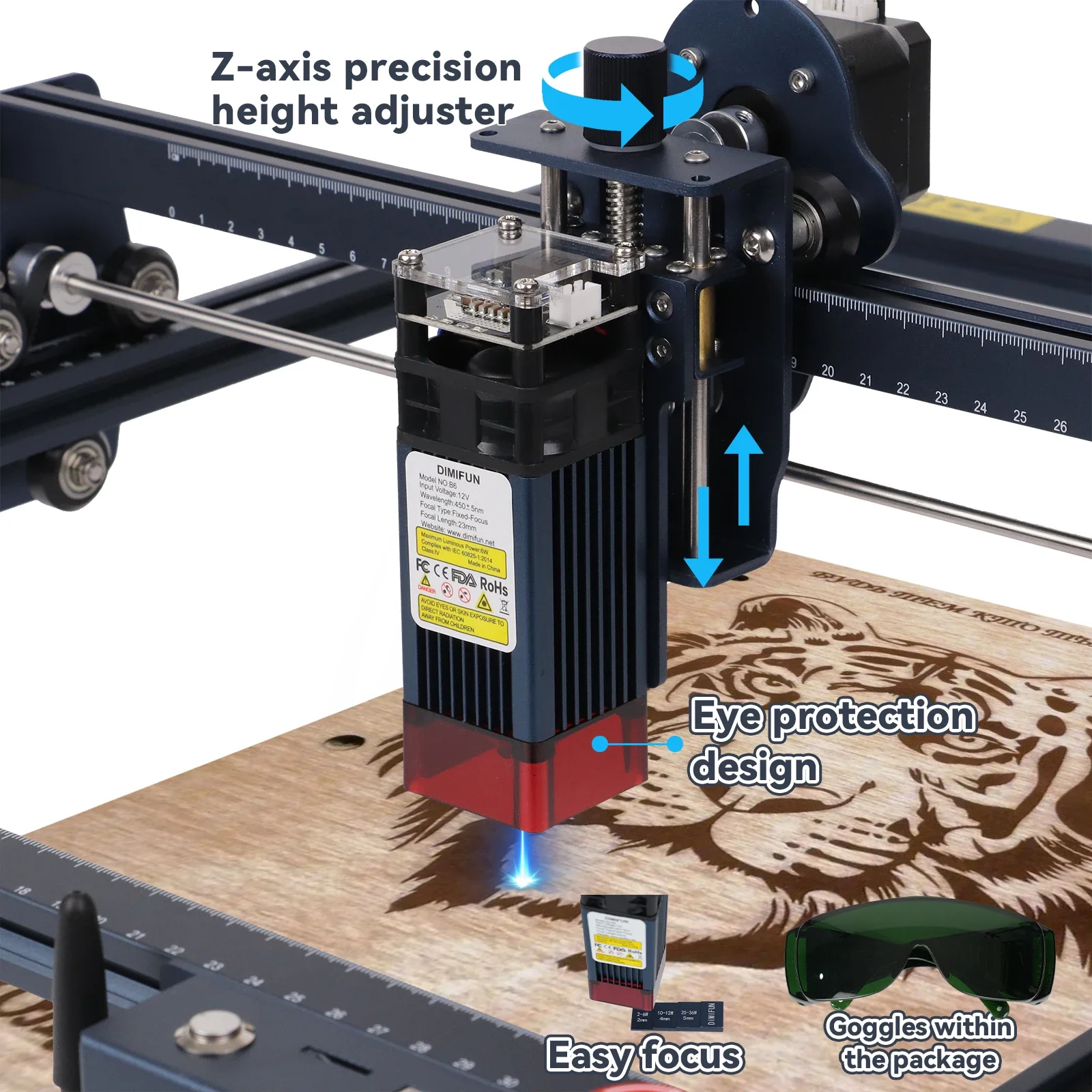 ماكينة نقش عالية الطاقة — أداة نحت النجارة 6 وات/12 وات قاطع ليزر الضوء الأزرق ماكينة CNC عالية الطاقة DIMIFUN DM6 حفارة