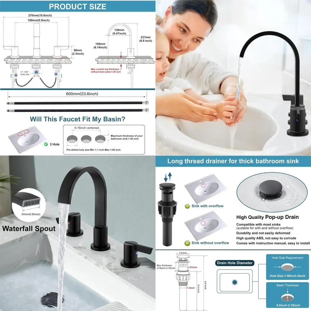 

8 Contemporary 3-Hole Matte Black Bathroom Sink Faucet with Dual Handles, Pop-Up Drain & Supply Lines
