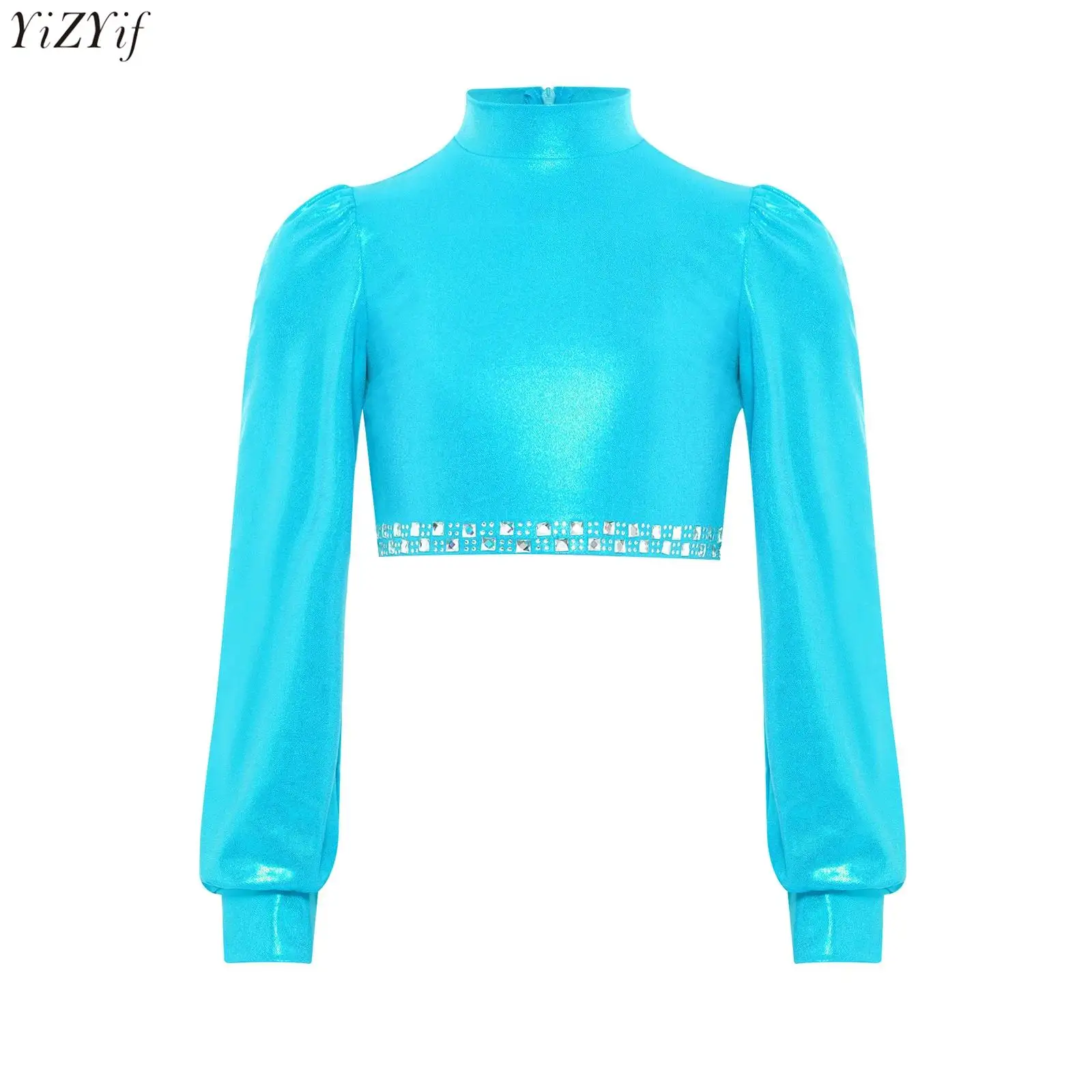 

Kids Girls Metallic Jazz Dance Crop Top Ballet Performance Costume Shiny Rhinestones Mock Neck Long Sleeves Zipper Back Shirts